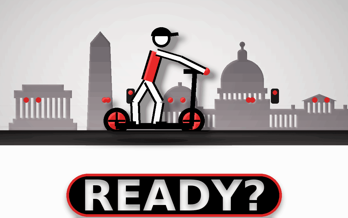 Animated demo of a rider kicking off the ground and then pressing the throttle on an electric scooter.